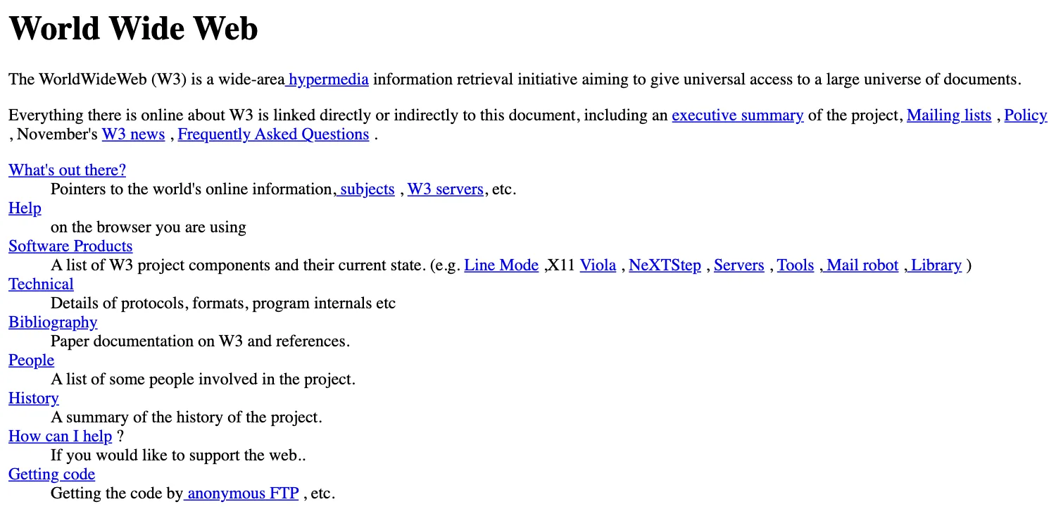 หน้า World Wide Web ที่ info.cern.ch/hypertext/WWW/TheProject.html ซึ่ง CERN สร้างขึ้นใหม่จากเว็บไซต์แรกของโลก มีลิงก์ What's out there?, Help, Software Products, Technical, Bibliography, People, History, How can I help และ Getting code