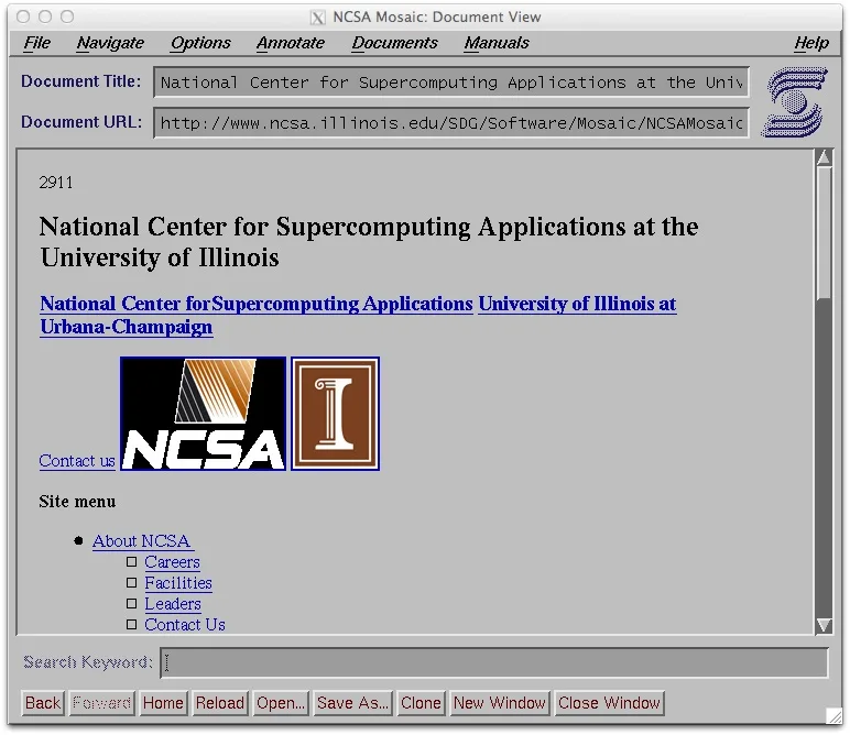 หน้าต่างเบราว์เซอร์ NCSA Mosaic for X แสดงหน้าเว็บของ National Center for Supercomputing Applications at the University of Illinois พร้อมช่อง Document Title, Document URL และปุ่ม Back, Forward, Home, Reload ด้านล่าง