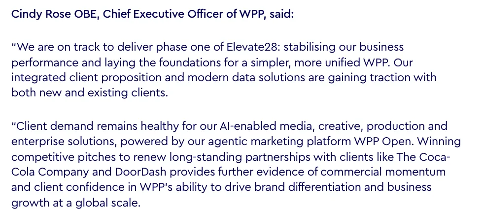 คำกล่าวของ Cindy Rose ซีอีโอ WPP ในประกาศผลไตรมาส 3 ปี 2026 กล่าวถึงงานที่ใช้ AI และแพลตฟอร์ม WPP Open