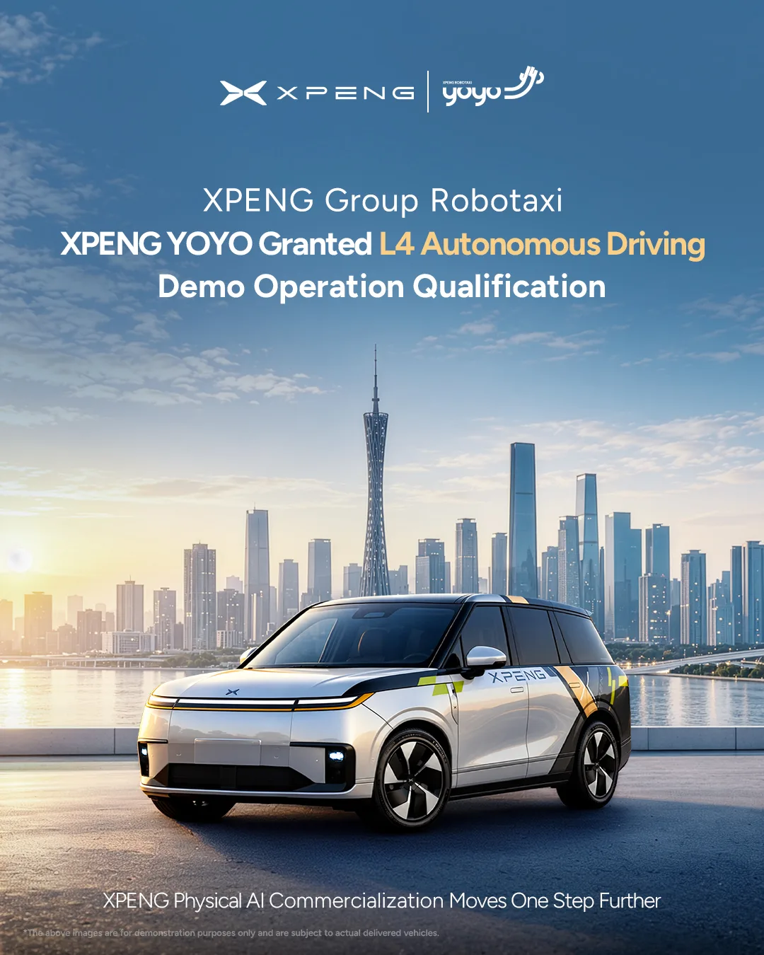 โปสเตอร์ของ XPENG ข้อความ XPENG YOYO Granted L4 Autonomous Driving Demo Operation Qualification พร้อมภาพรถ Robotaxi หน้าเส้นขอบฟ้ากว่างโจว