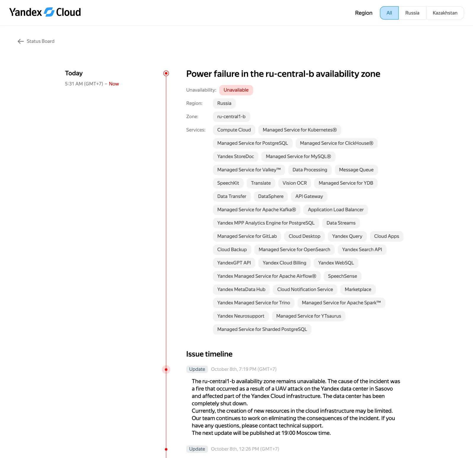 หน้าเหตุการณ์ 2092 บนหน้าสถานะ Yandex Cloud: ไฟฟ้าขัดข้องในโซน ru-central1-b สถานะ Unavailable รายชื่อบริการที่ได้รับผล และข้อความอัปเดตว่าเพลิงไหม้จากการโจมตีด้วย UAV ที่ดาต้าเซ็นเตอร์ Yandex ใน Sasovo ทำให้ศูนย์ข้อมูลหยุดทำงานทั้งหมด