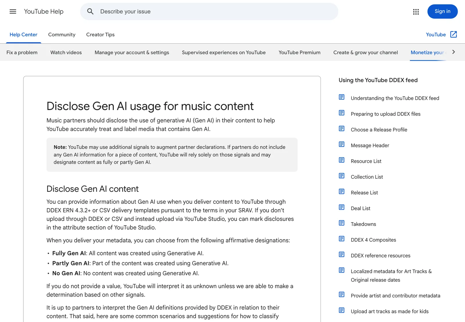 หน้าช่วยเหลือ Disclose Gen AI usage for music content ของ YouTube แสดงระดับ Fully Gen AI, Partly Gen AI และ No Gen AI