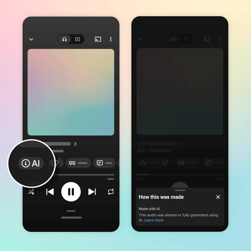 ตัวอย่างหน้าจอ YouTube Music ที่มีป้ายเพลง AI บนหน้าเล่นเพลง และเมนู How this was made ระบุ Made with AI