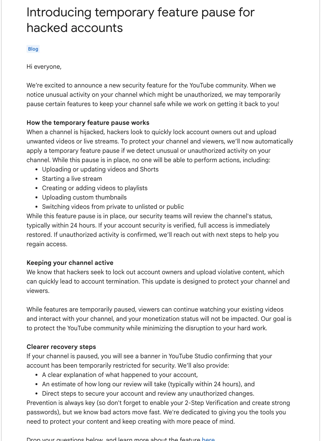 ข้อความประกาศของ TeamYouTube ระบุฟีเจอร์ 5 อย่างที่ถูกหยุดชั่วคราว การตรวจสอบภายใน 24 ชั่วโมง และสถานะการสร้างรายได้ที่ไม่ได้รับผลกระทบ