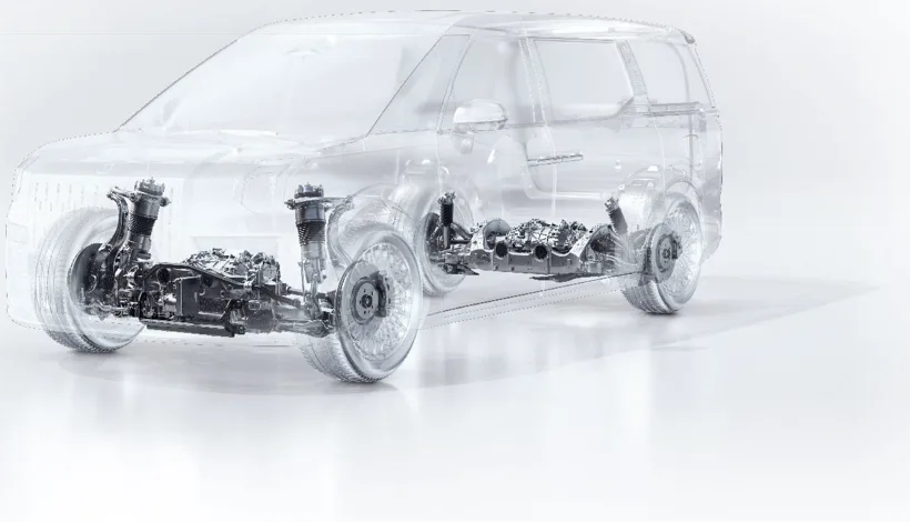 ภาพกราฟิกตัวรถโปร่งใสของ ZEEKR 009 เห็นช่วงล่างถุงลมและชุดขับเคลื่อนทั้งหน้าและหลัง