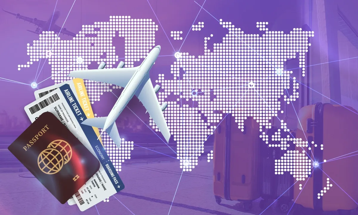 เครื่องบิน หนังสือเดินทาง และบัตรโดยสาร บนแผนที่โลกแบบจุด