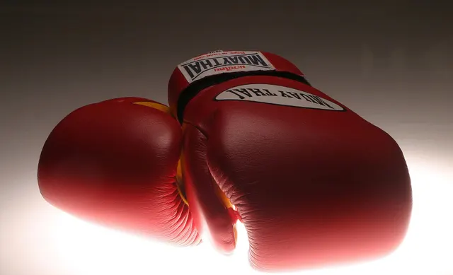 นวมหนังสีแดงสองใบวางคู่กัน มีป้ายคำว่า MUAY THAI บนนวม ถ่ายในสตูดิโอพื้นหลังสว่างนุ่ม